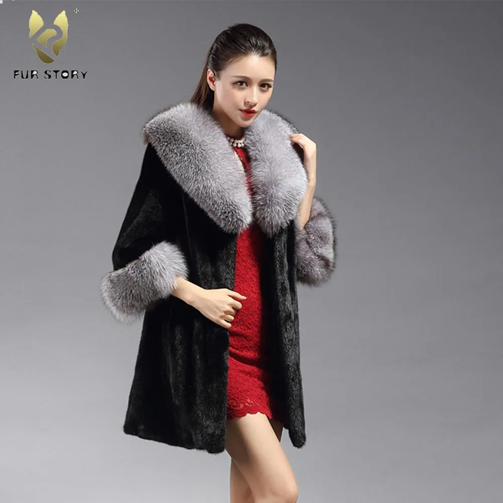 Women's Genuine Mink Fur Coat Women with Big Fox Fur Collar Female Overcoat 16173