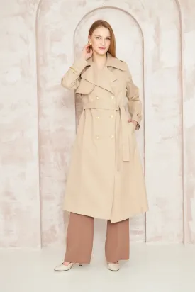 Women's Gold Button Chain Long Trench Coat Beige - SCB-W12385