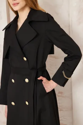 Women's Gold Button Chain Long Trench Coat Black - SCB-W12393