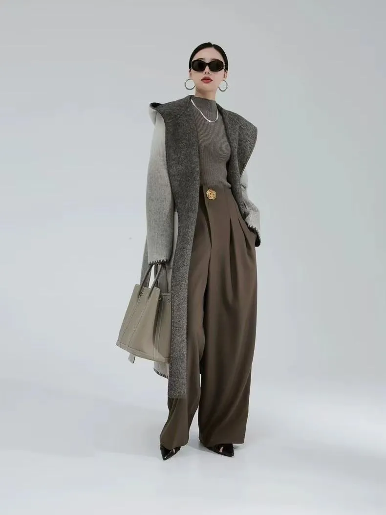 Women's Gradient Woolen Coat with Hood