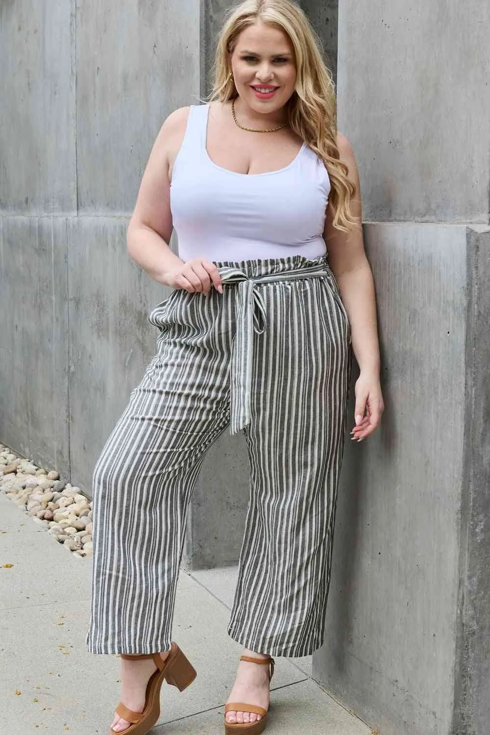 Women's Heimish Find Your Path Full Size Paperbag Waist Striped Culotte Pants