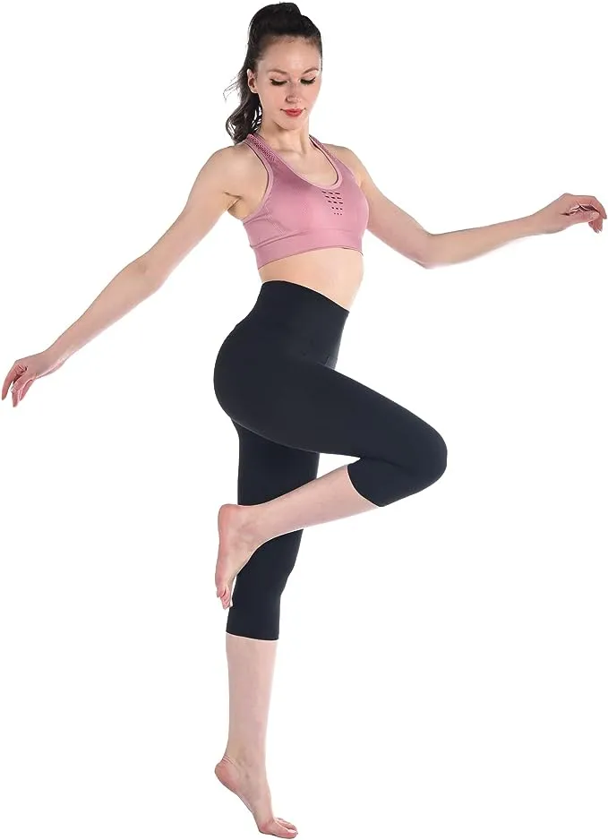 Women's High Waist 3/4 Leggings Opaque Black for Sports Gym Yoga