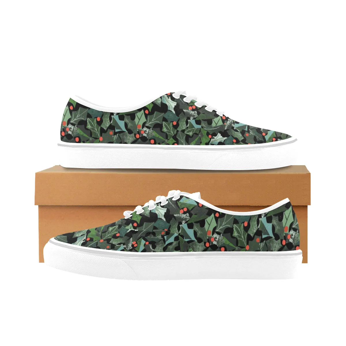 Women's Ivy Plants Christmas Print Big Size Canvas Low Top Shoes (White)