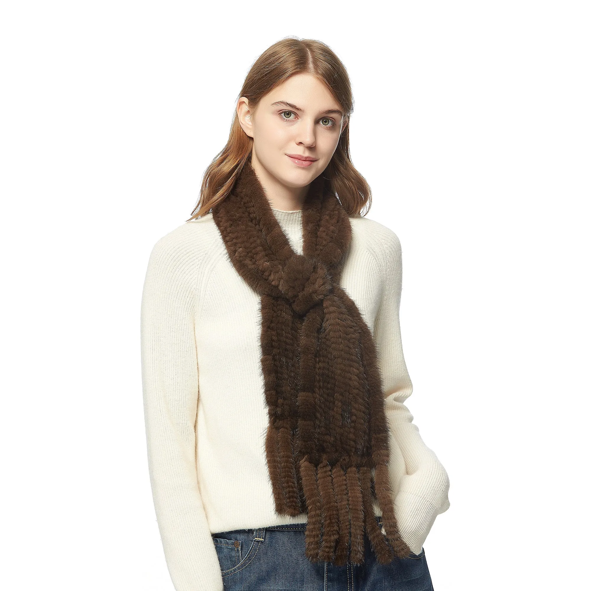 Women's Knitted Mink Fur Scarf For Winter Warm Shawl Scarves Fur Story FS050303