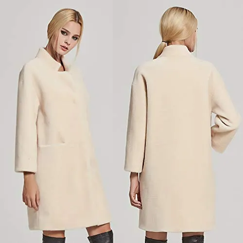 Women's Lamb Shearing Fur Coat Winter Coat 3/4 Sleeve Stand up Collar(10,Beige)