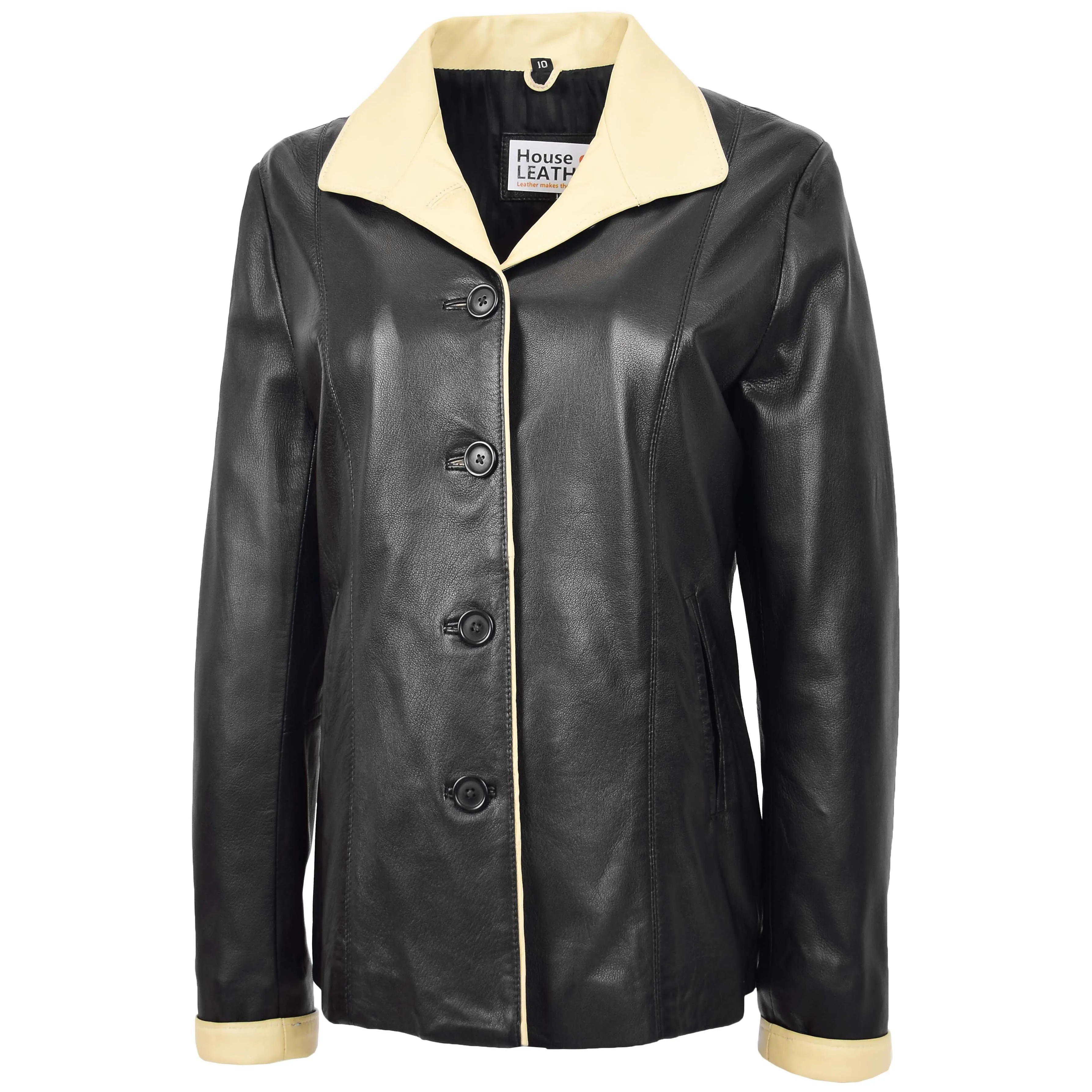 Womens Leather Classic Button Box Jacket Amber Black Beige