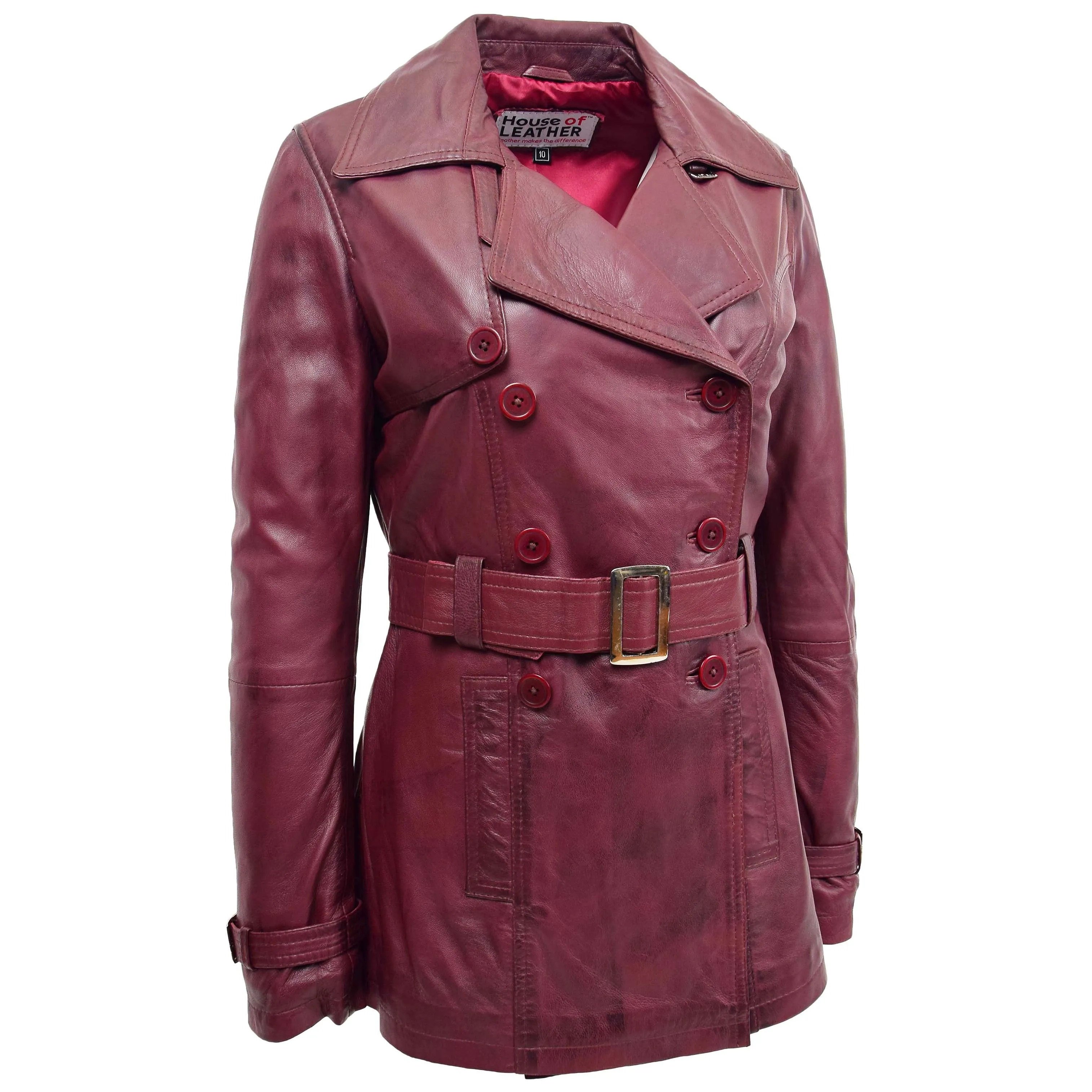 Womens Leather Double Breasted Trench Coat Sienna Burgundy