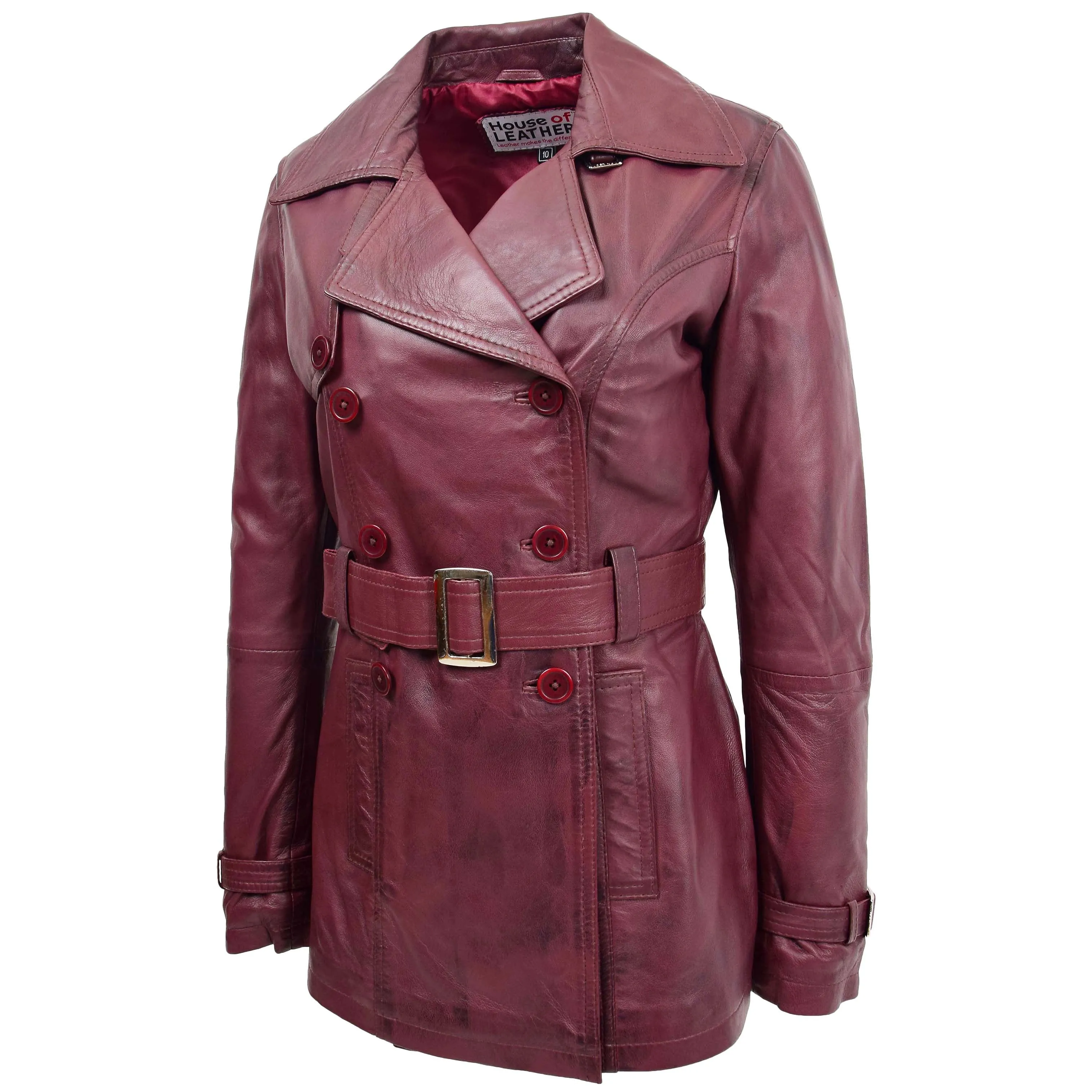 Womens Leather Double Breasted Trench Coat Sienna Burgundy