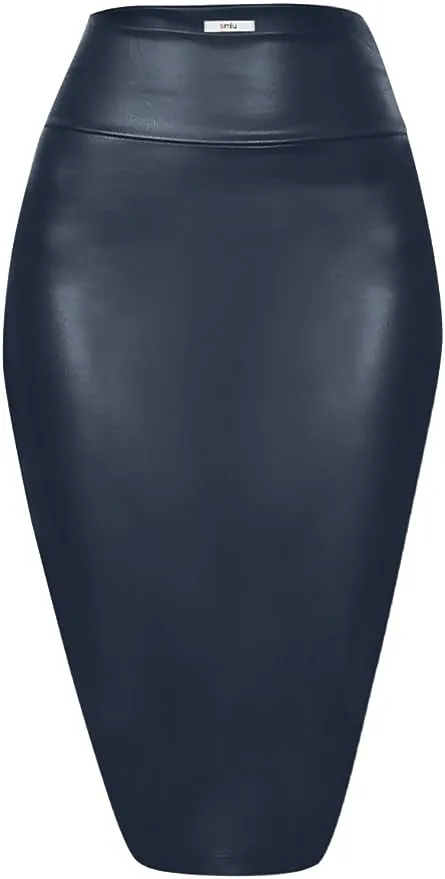 Women's Leather Pencil Skirt Below Knee Length Skirt Midi Bodycon Skirt - Black