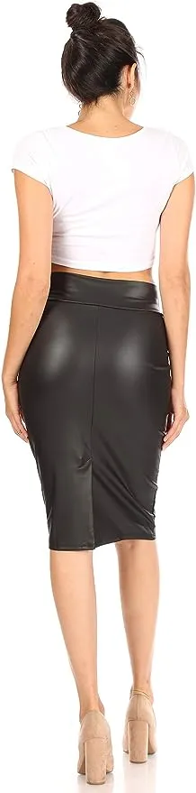 Women's Leather Pencil Skirt Below Knee Length Skirt Midi Bodycon Skirt - Black