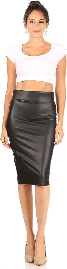 Women's Leather Pencil Skirt Below Knee Length Skirt Midi Bodycon Skirt - Black