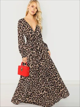 Women's Leopard Print Long Sleeve Wrap Maxi Dress