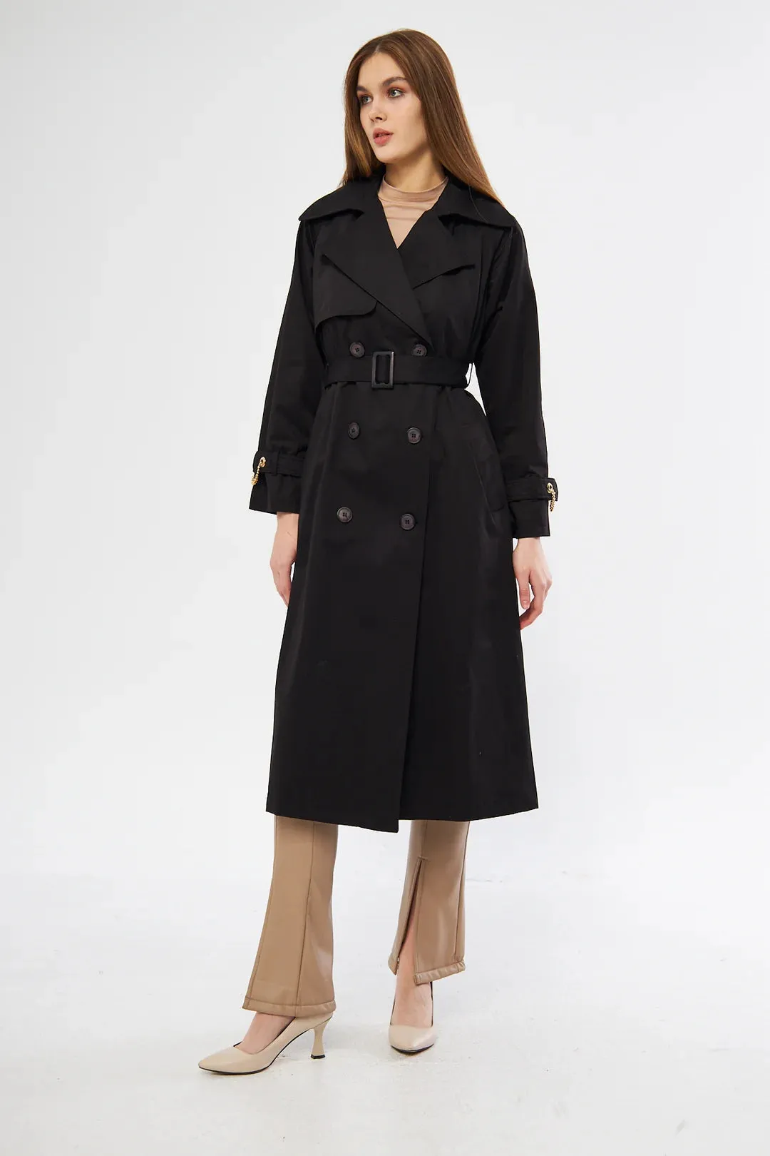 Women's Long Trench Coat with Chain Detail - Black - SCB-W12389