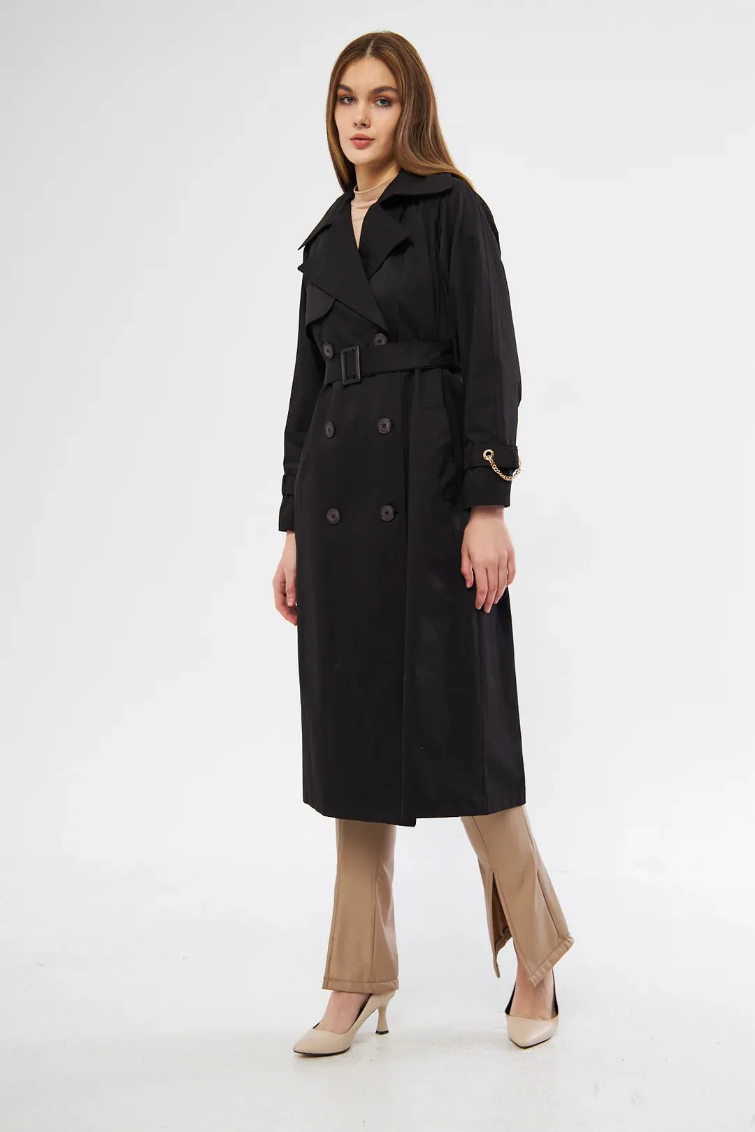 Women's Long Trench Coat with Chain Detail - Black - SCB-W12389