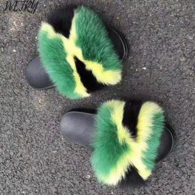 Women's  mixcolor Fur Slippers Fox Fur Sandals