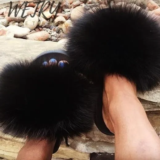 Women's  mixcolor Fur Slippers Fox Fur Sandals