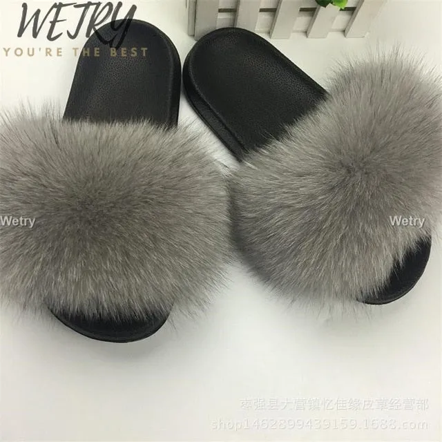 Women's  mixcolor Fur Slippers Fox Fur Sandals