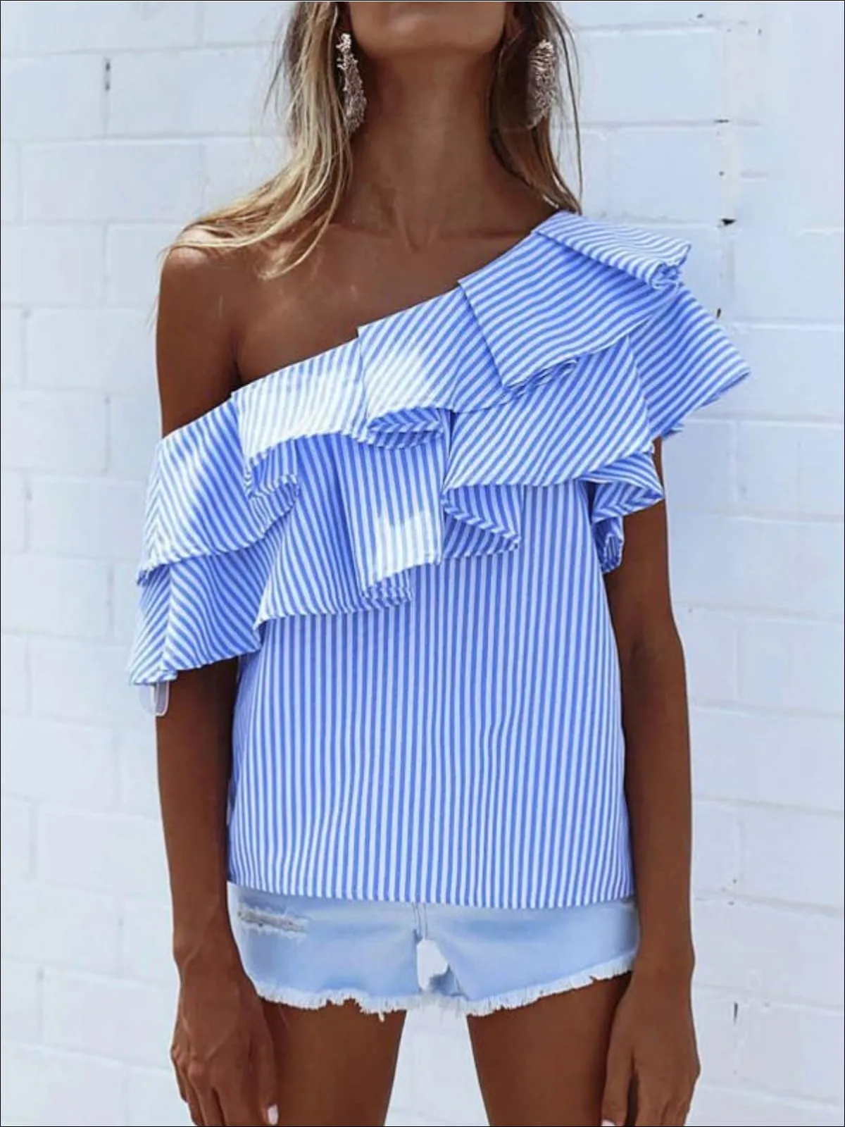 Women's One Open Shoulder Striped Ruffled Blouse