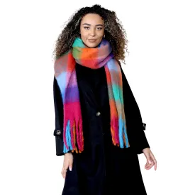 Women’s Orange Blue Chunky Knit Bright Plaid Blanket Scarf Long Winter Wrap Warm Check Shawl with Tassels Gift for Ladies by Daisy Dreamer