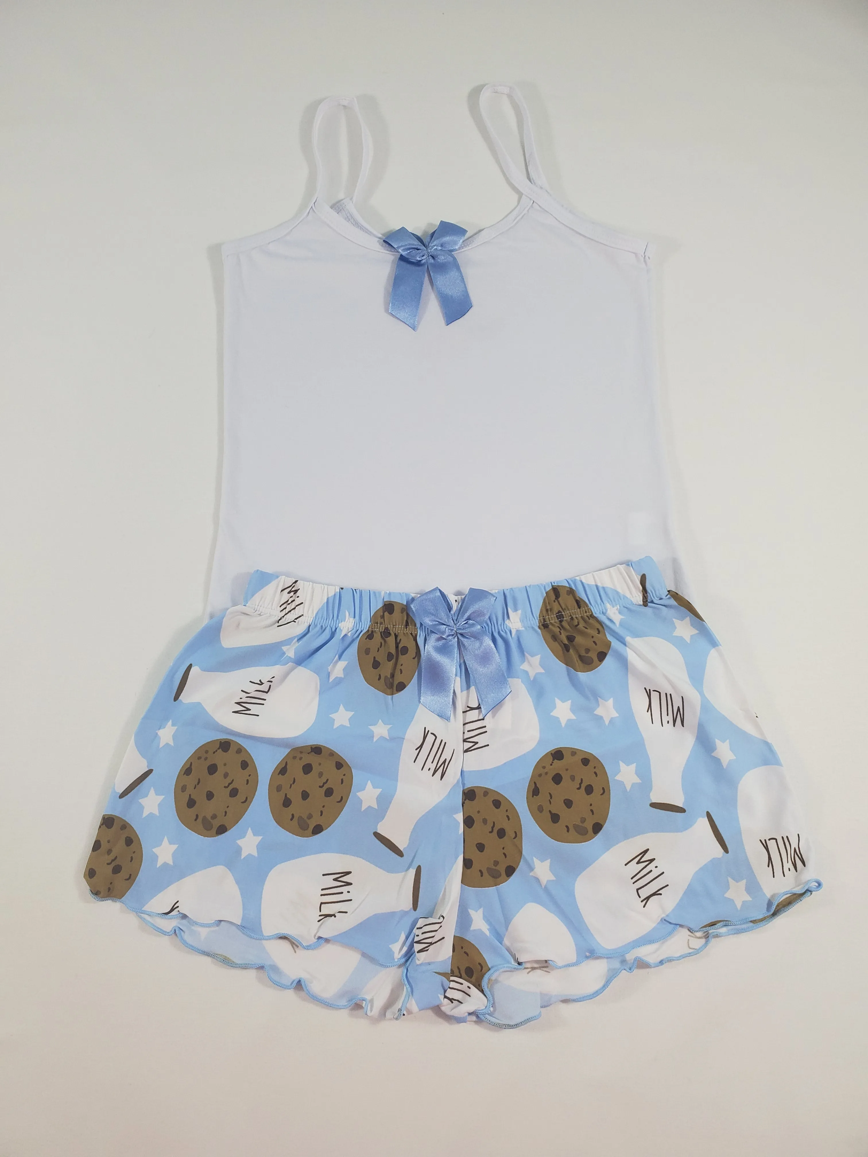 Women's Pajama set blue shorts milk and cookies theme white blouse