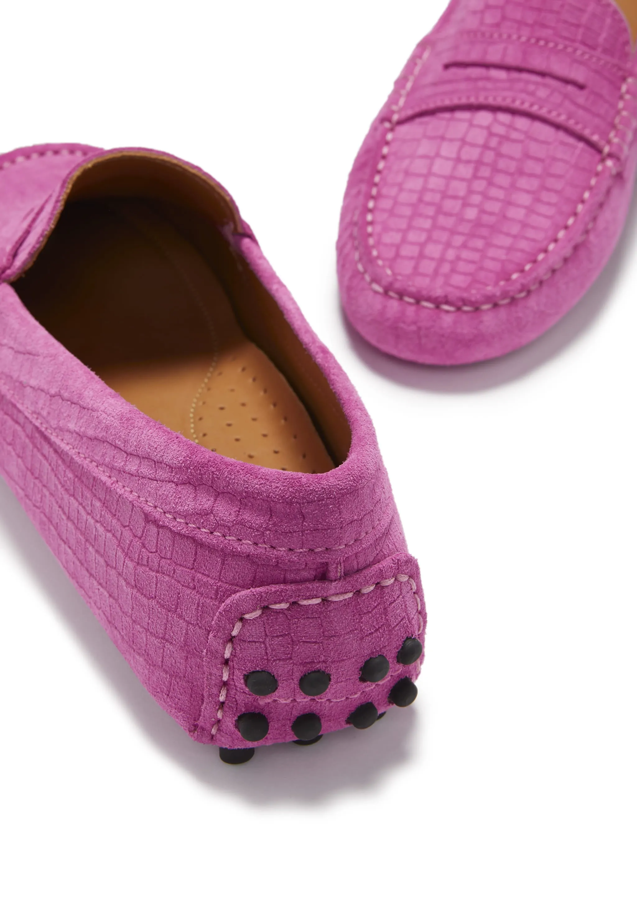 Women's Penny Driving Loafers, pink embossed suede