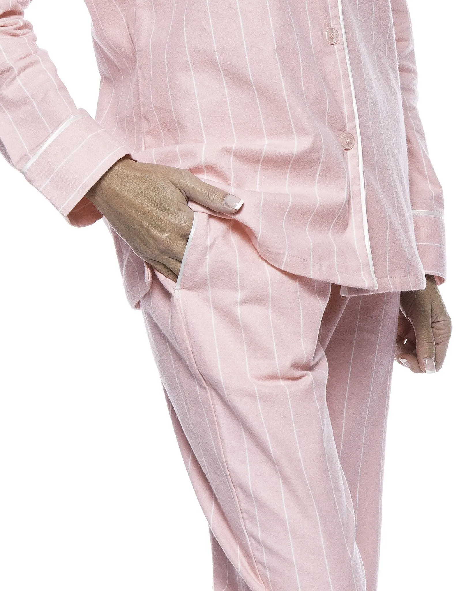 Womens Premium 100% Cotton Flannel Pajama Sleepwear Set - Stripes Pink  [with FREE Plush Socks]