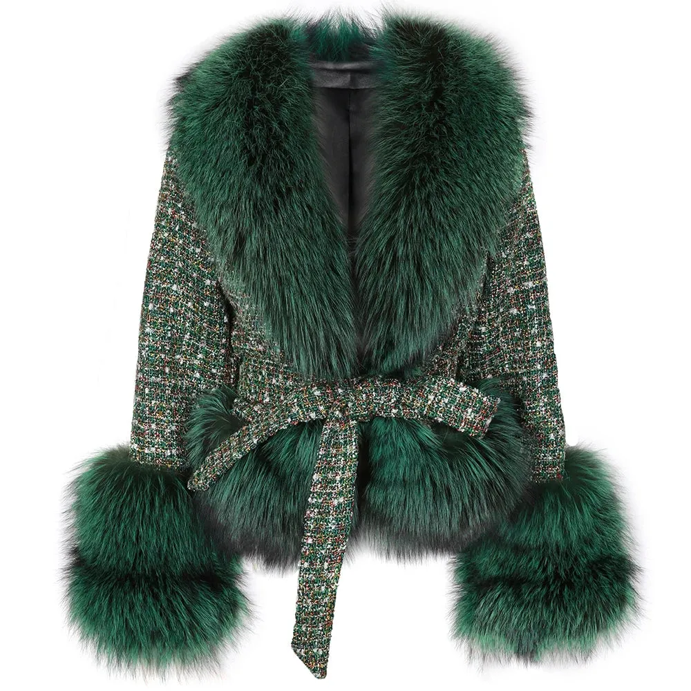 Women's Premium Tweed Coat with Fox Fur Trim