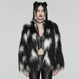 Women's Punk Contrast Color Faux Fur Coat Black-white