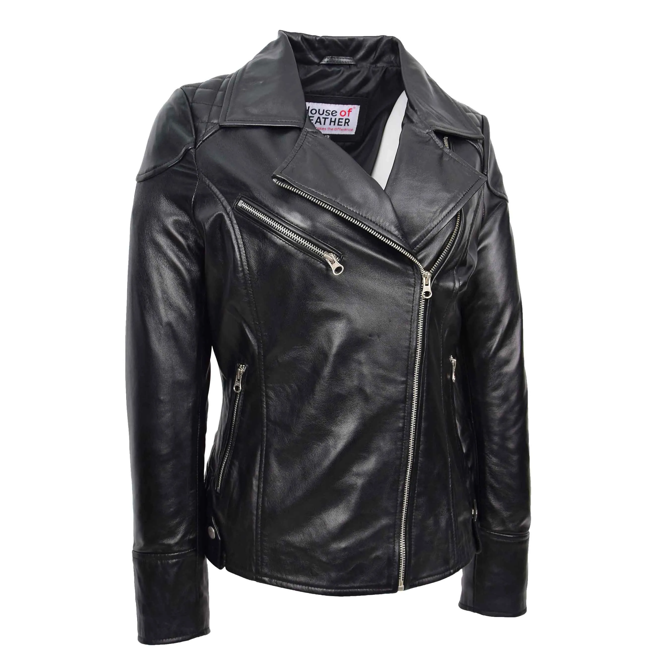 Womens Real Leather Biker Jacket Cross Zip Pockets Cherry Black