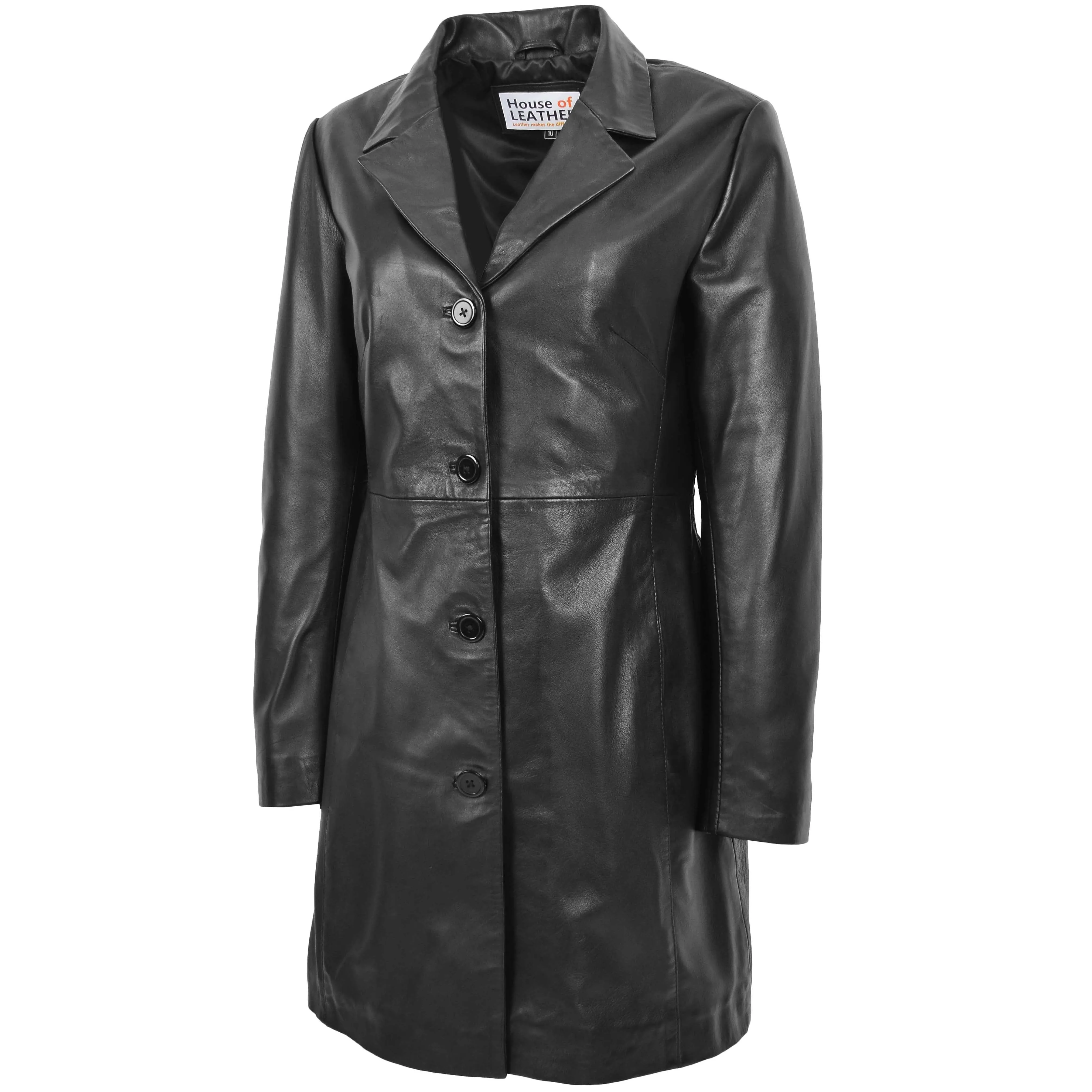 Womens Real Leather Mac Coat 3/4 Length Classic Style F99 Black