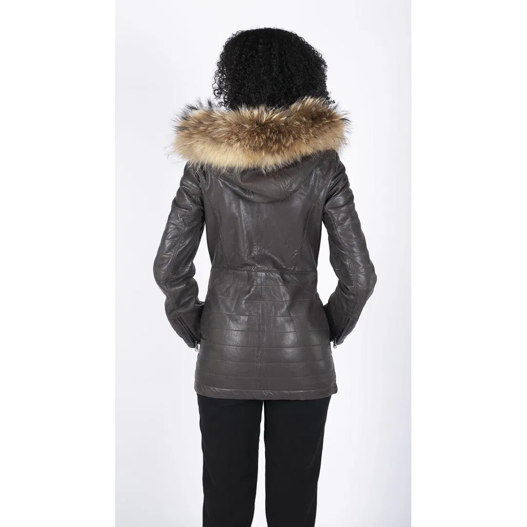 Womens Real Leather Parka Jacket 3/4 Fur Hood Zipped Brown Tan Grey Tailored Fit