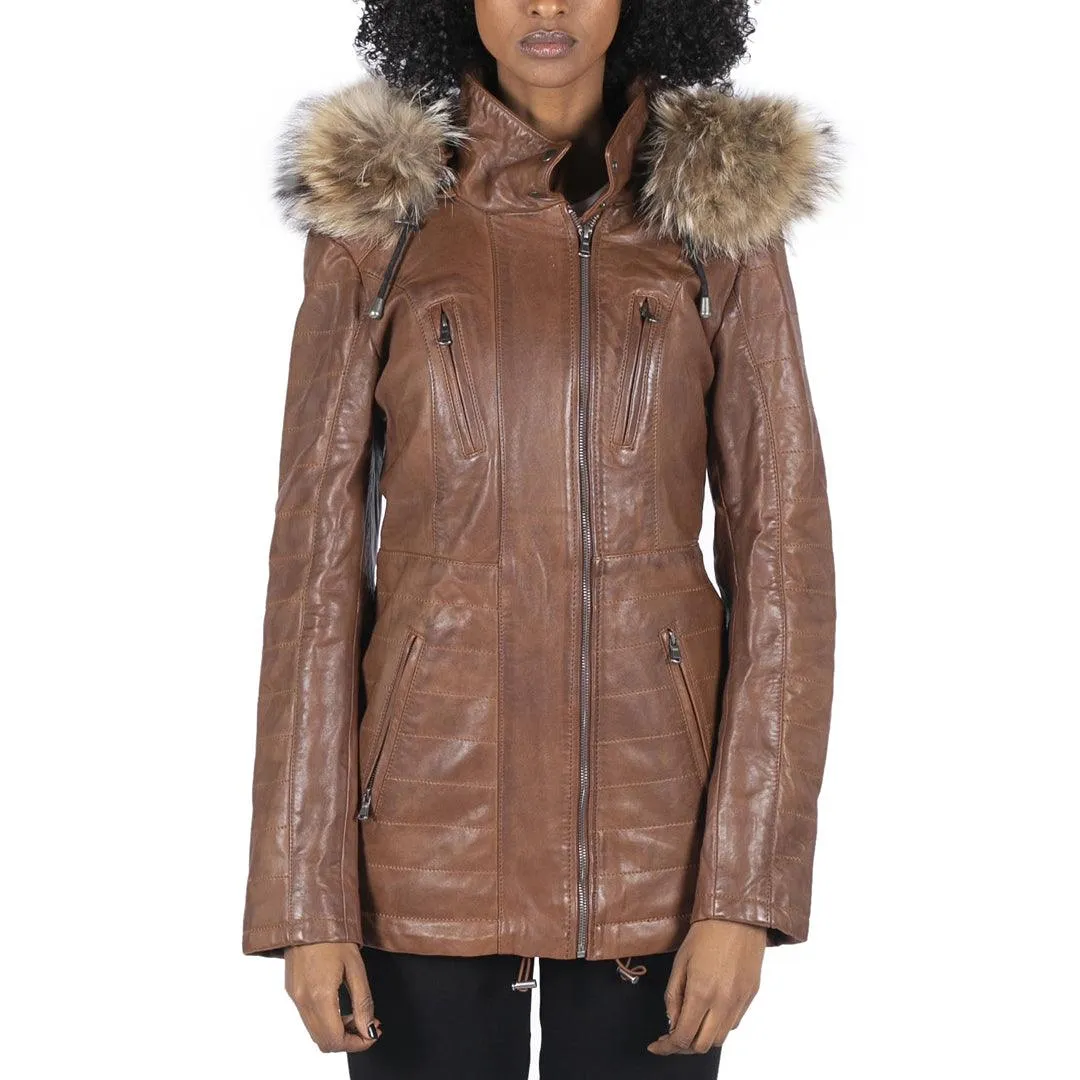 Womens Real Leather Parka Jacket 3/4 Fur Hood Zipped Brown Tan Grey Tailored Fit