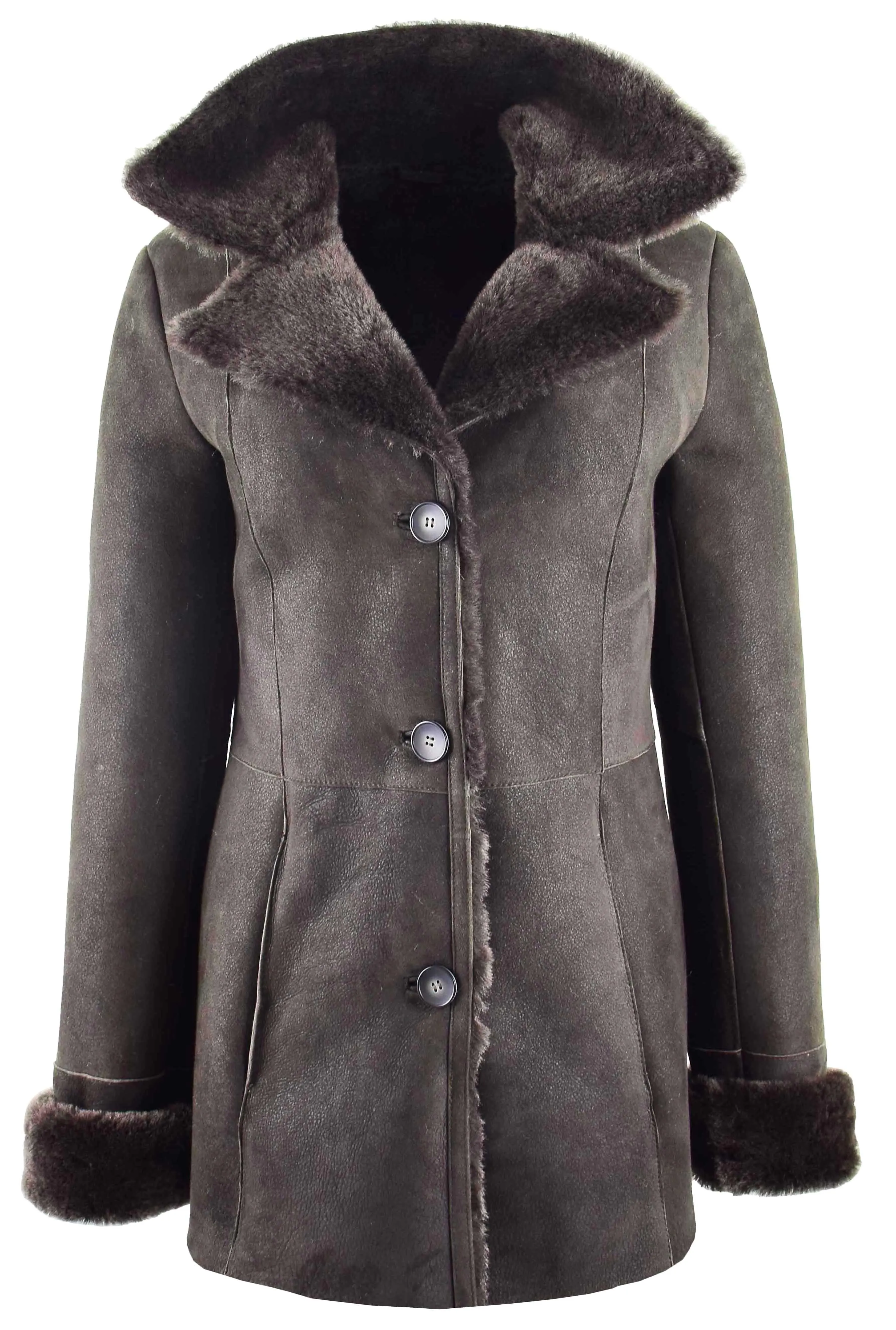 Womens Real Sheepskin Brown Brisa Jacket Classic 3/4 Mac Merino Shearling Trench Zona