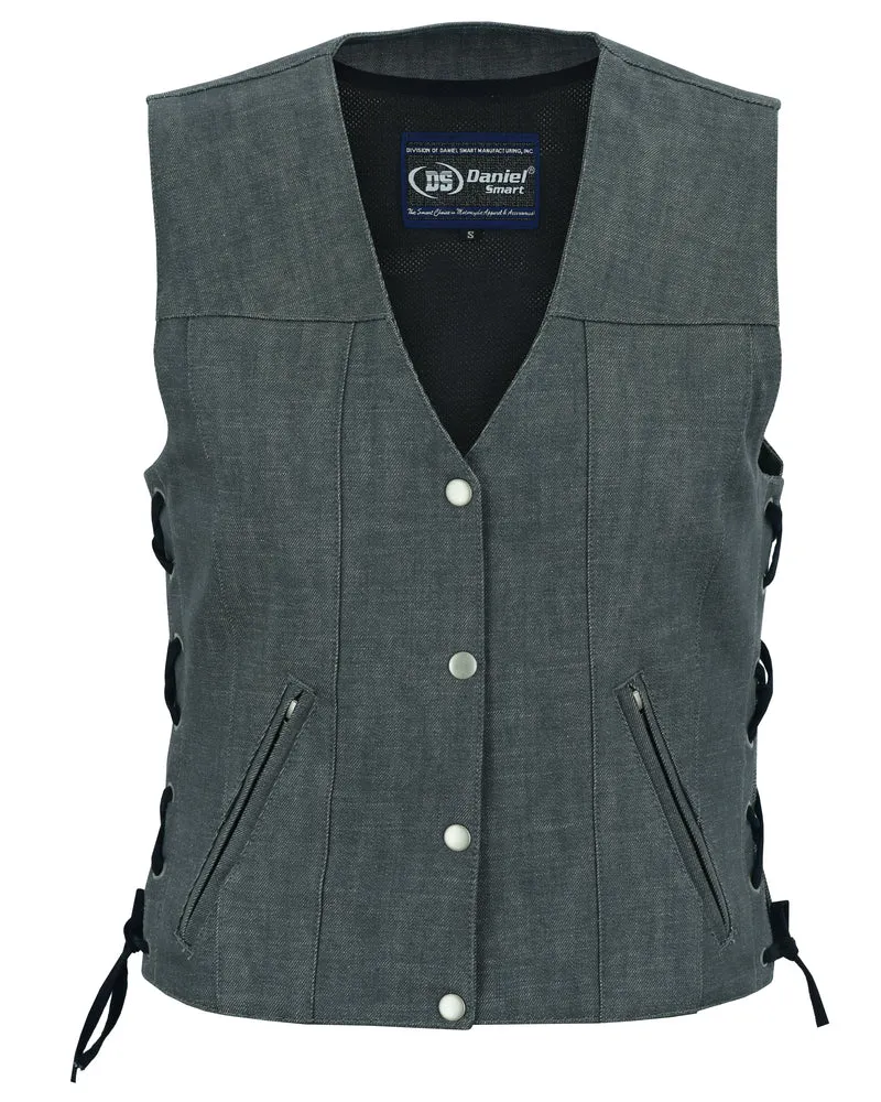 Women's Rough Rub-Off Raw Finish Broken Gray Denim Vest