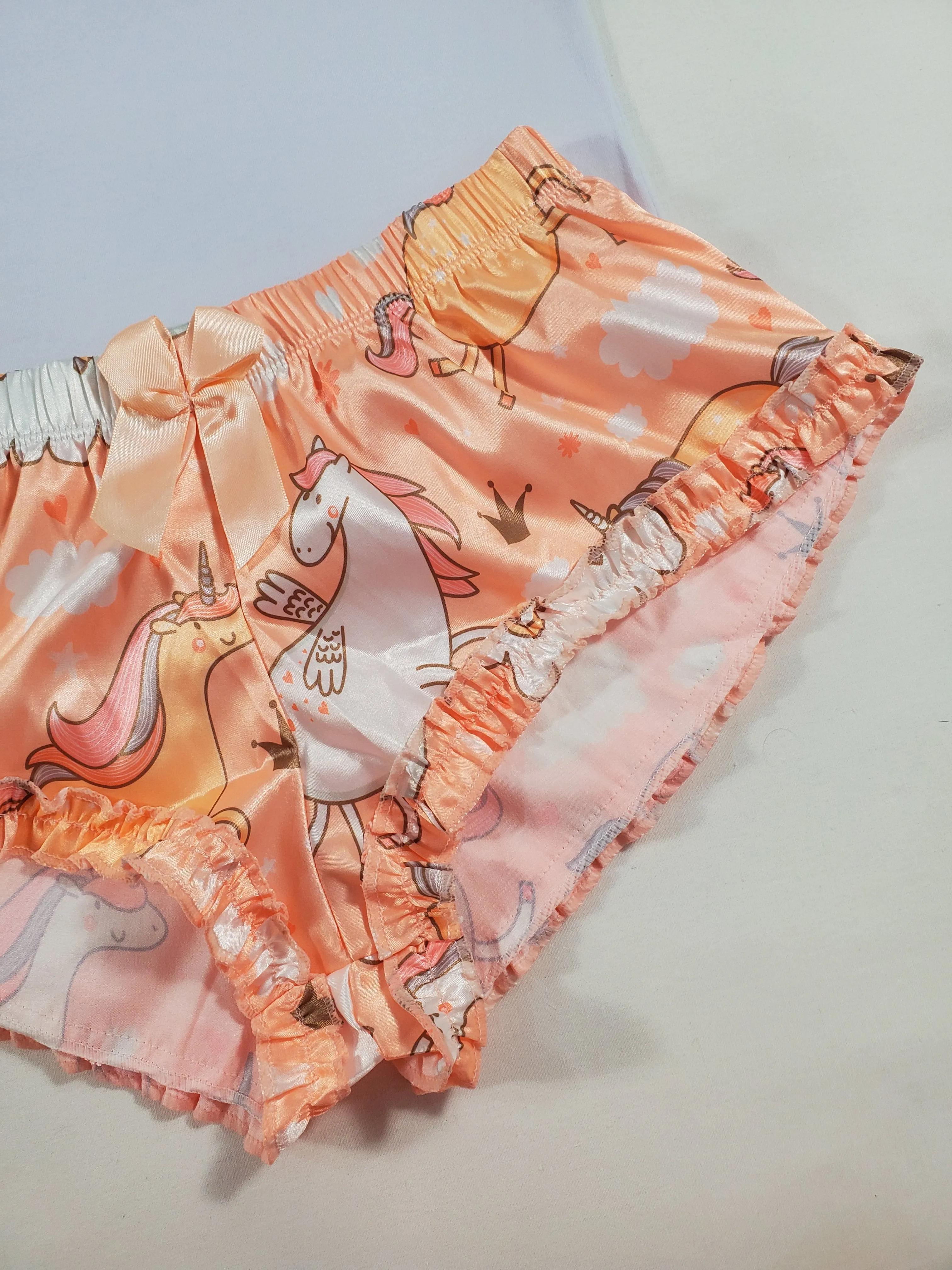 Women's Sexy pajama orange satin shorts with unicorns white blouse