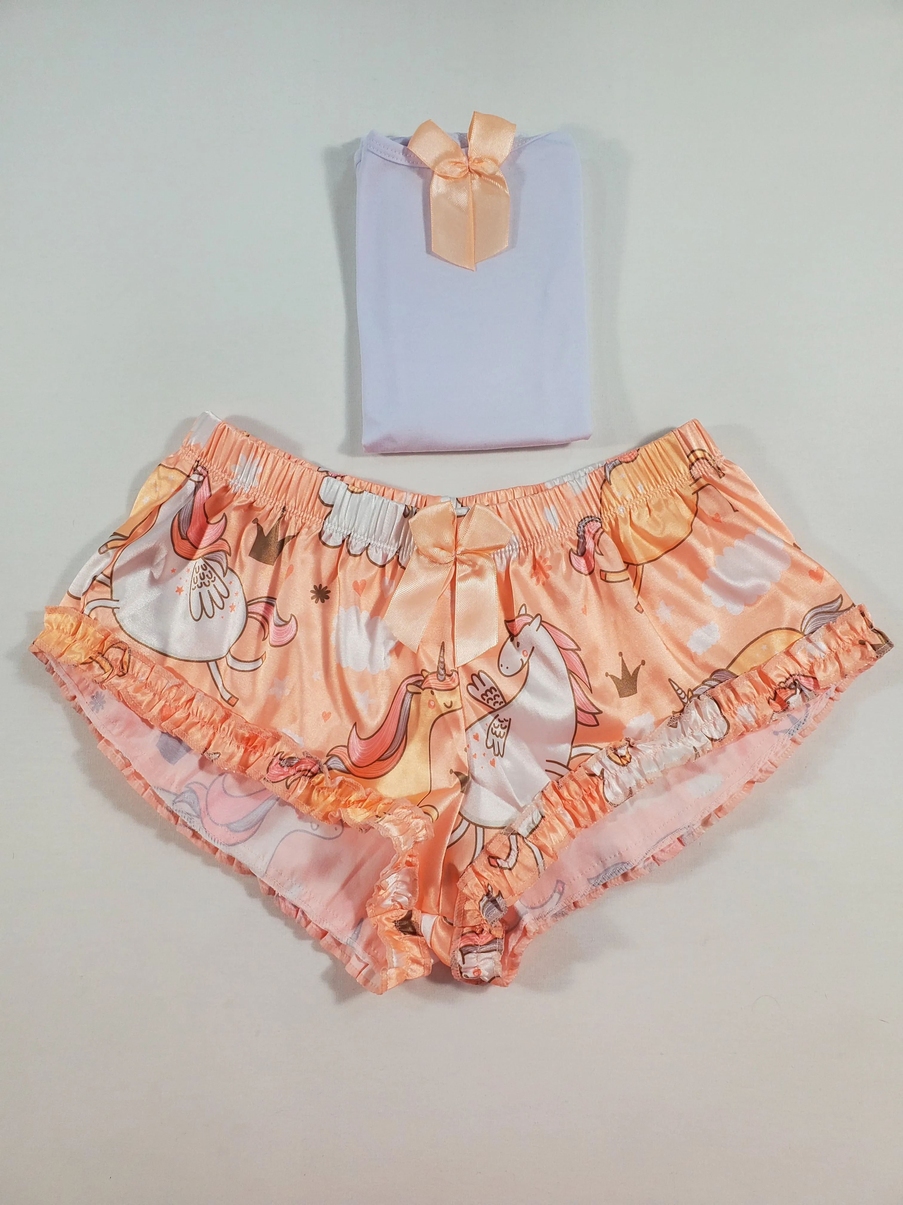 Women's Sexy pajama orange satin shorts with unicorns white blouse