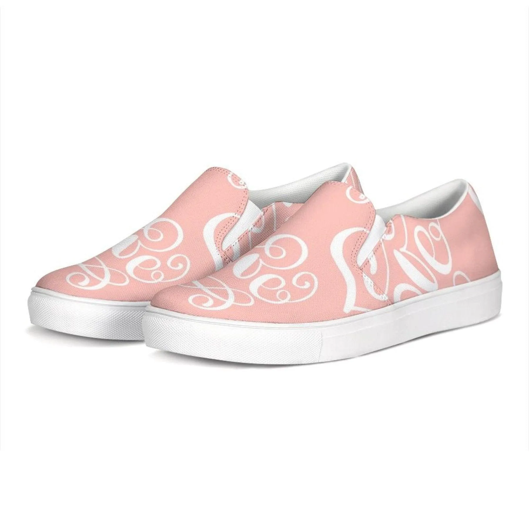 Womens Sneakers - Pink & White Love Print Low Top Slip-on Canvas Shoes