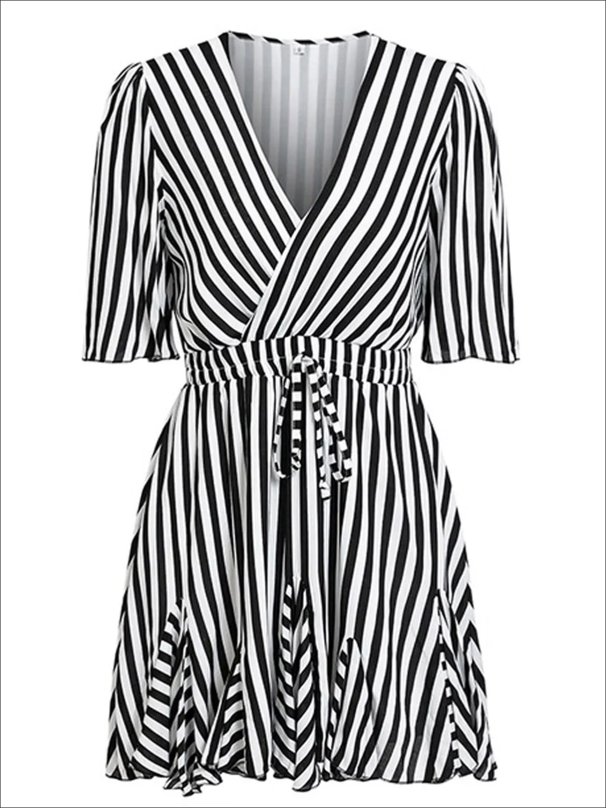 Women's Striped Faux Wrap Ruffle Detail A-Line Dress