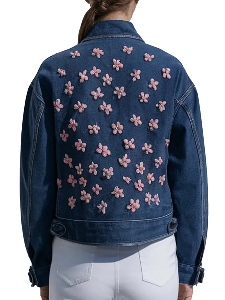 Women's Stylish Blue Denim Jacket With Pink Floral Embroidery