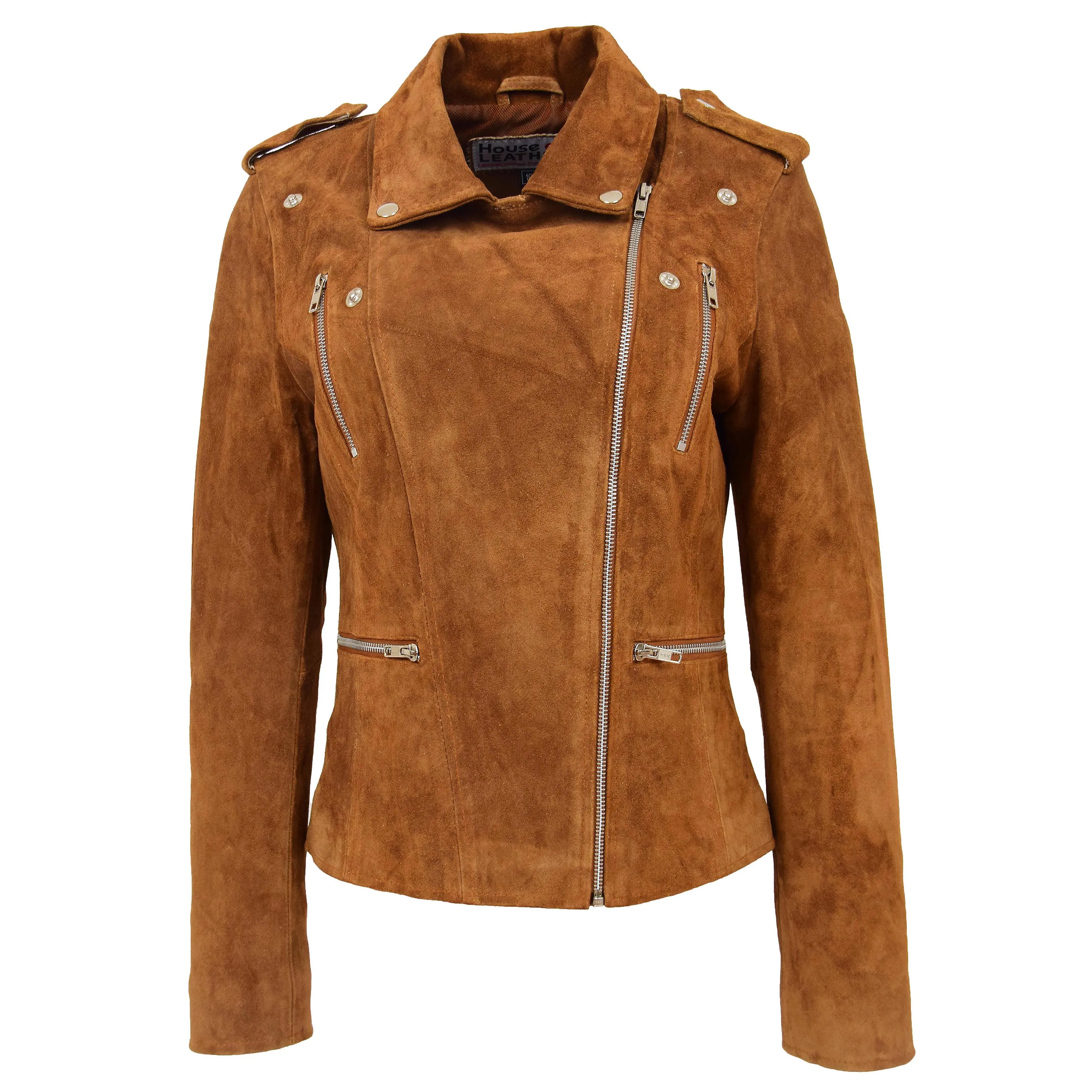 Womens Suede Biker Style Zip Jacket Skylar Tan