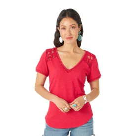 Women's Wrangler Retro Red Short Sleeve Top with Crochet Trim