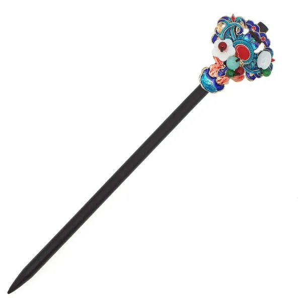 Wood Stick with Enameled Pieces Beads and Mother-of-Pearl Flower