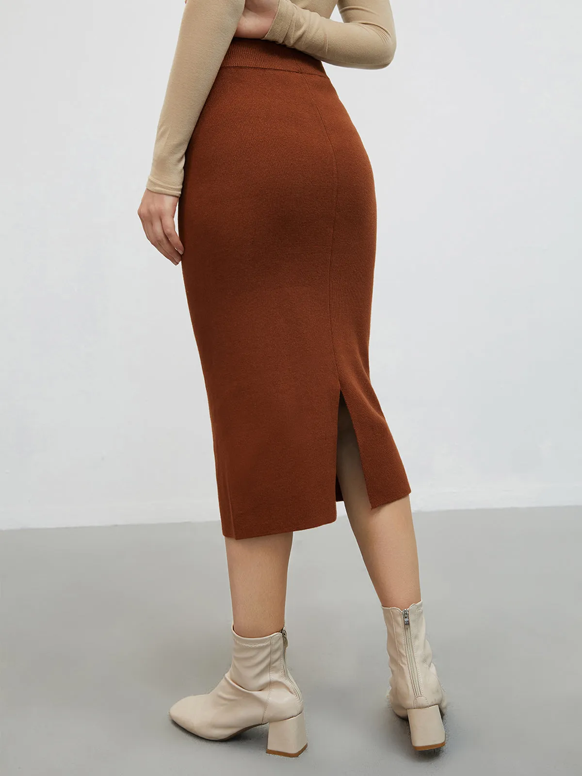 Woolen Slit Knit Midi Skirt