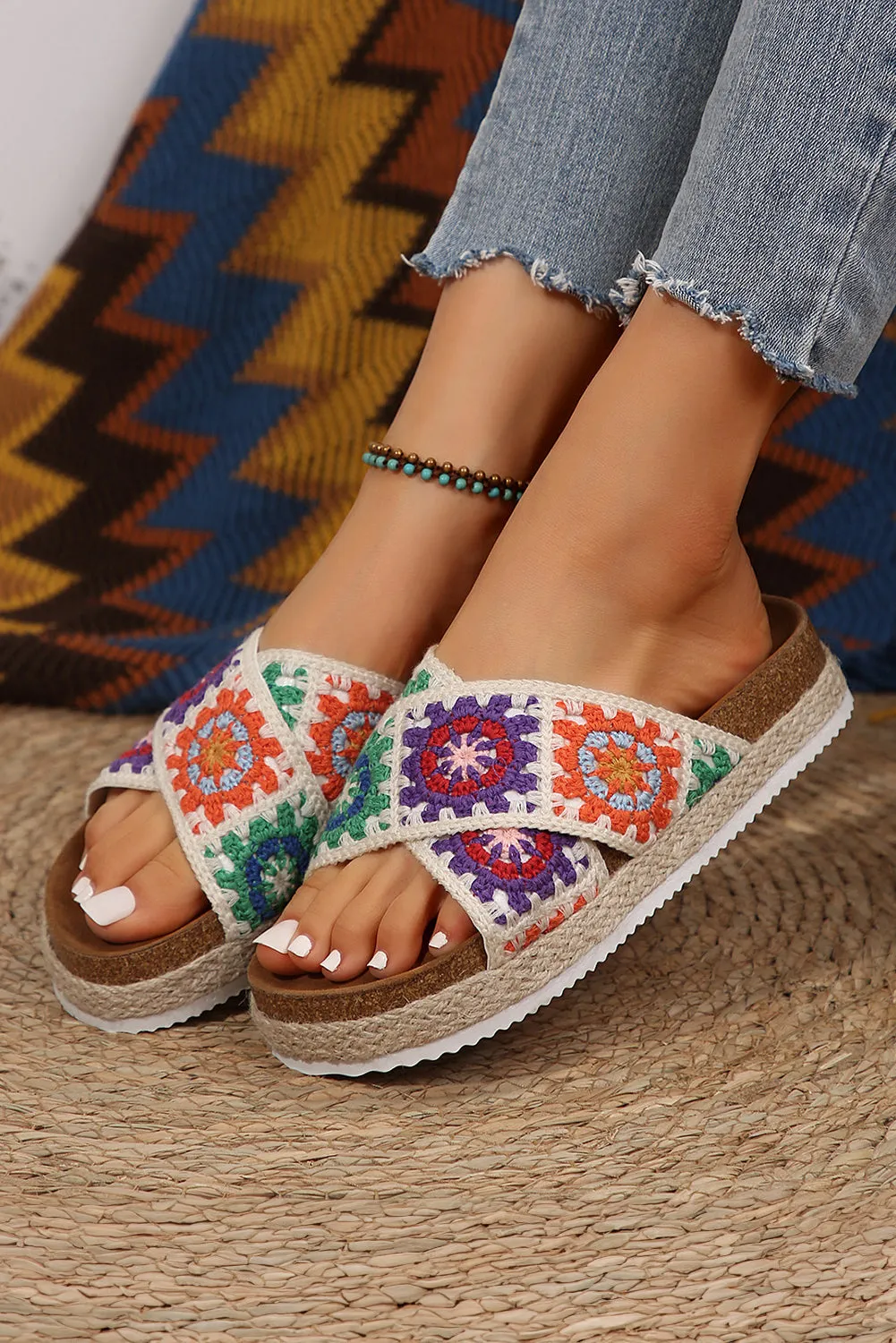 Woven Geometric Crisscross Strap Platform Sandalas