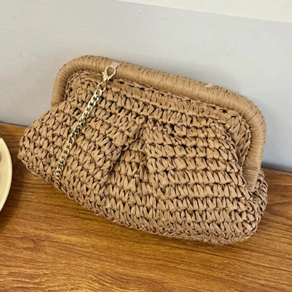 Woven Rattan Straw Handbag with Gold-Tone Chain Strap – Effortless Boho Glam