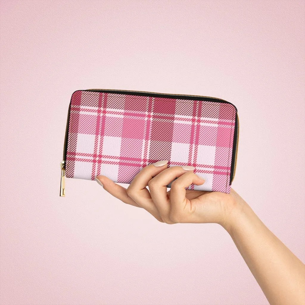 Wristlet Phone Wallet, Pink and White Plaid Style Purse