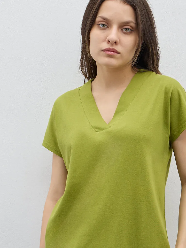 Wunderlove Green V-Neck Henley Cotton Top