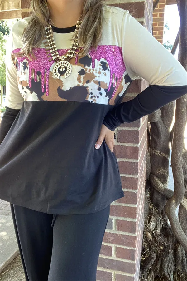 XCH14263 Black&beige Color block cow printed long sleeve women top