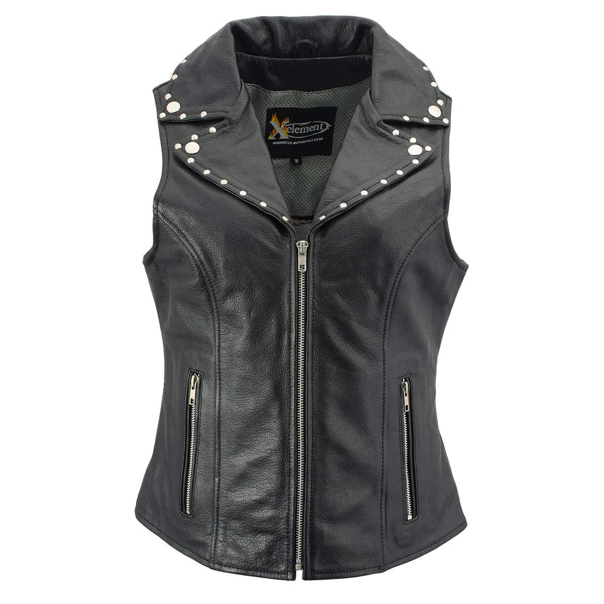 Xelement XS1028 Women's 'Dita' Black Motorcycle Leather Vest with Riveted Lapel Collar