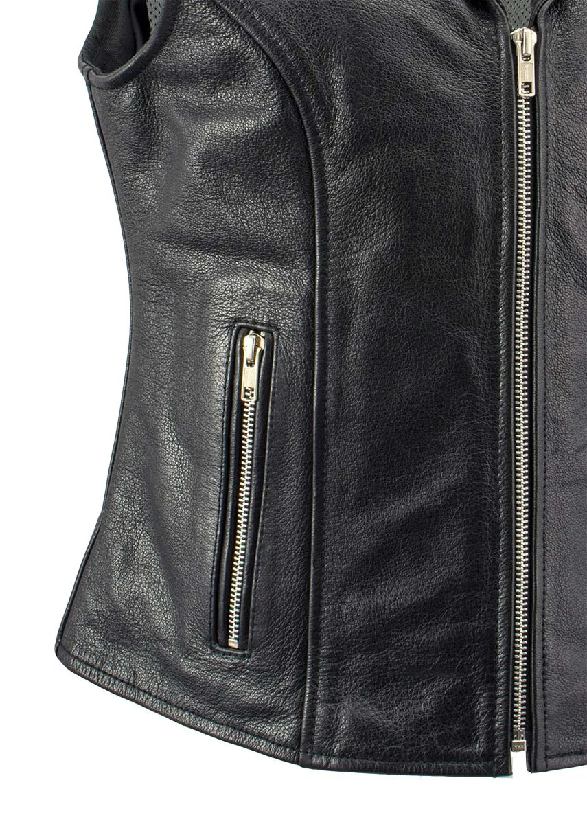 Xelement XS1028 Women's 'Dita' Black Motorcycle Leather Vest with Riveted Lapel Collar